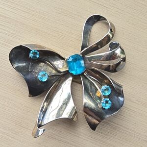 Antique JOLLE Sterling Silver Vermeil Bowtie Ribbon Teal Rhinestones Brooch Pin